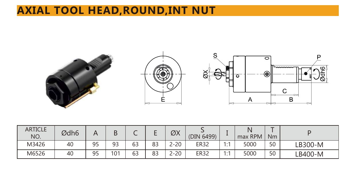 Mongtec M3426 axial tool head,round,int nut — product photo and dimensioned drawing