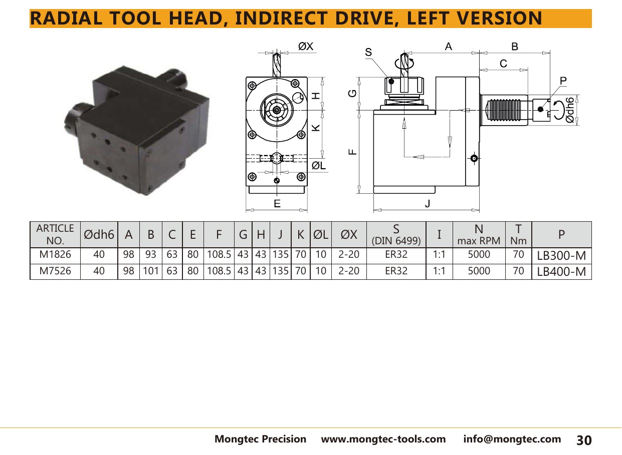 Mongtec M1826 radial tool head, indirect drive, left version — product photo and dimensioned drawing