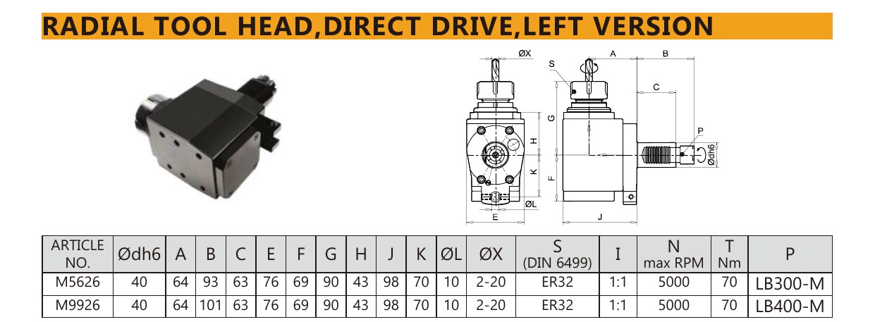 Mongtec M5626 radial tool head,direct drive,left version — product photo and dimensioned drawing