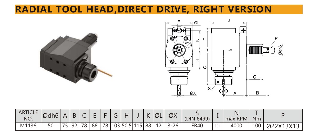 Mongtec M1136 radial tool head,direct drive, right version — product photo and dimensioned drawing