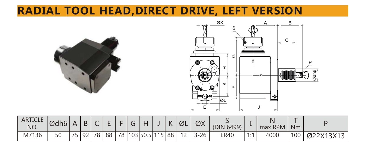 Mongtec M7136 radial tool head,direct drive, left version — product photo and dimensioned drawing