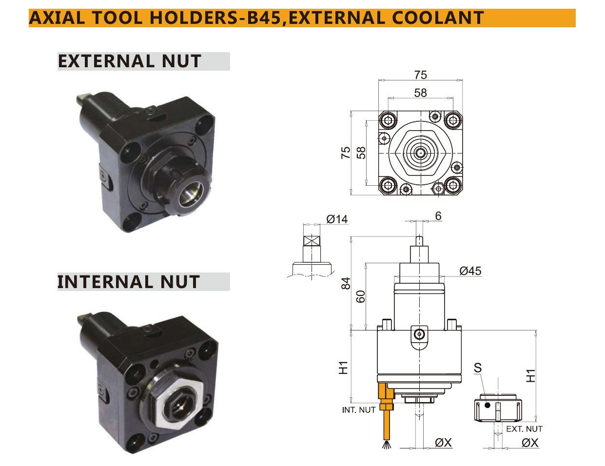 Mongtec M7014 axial tool holders-b45,external coolant — product photo and dimensioned drawing