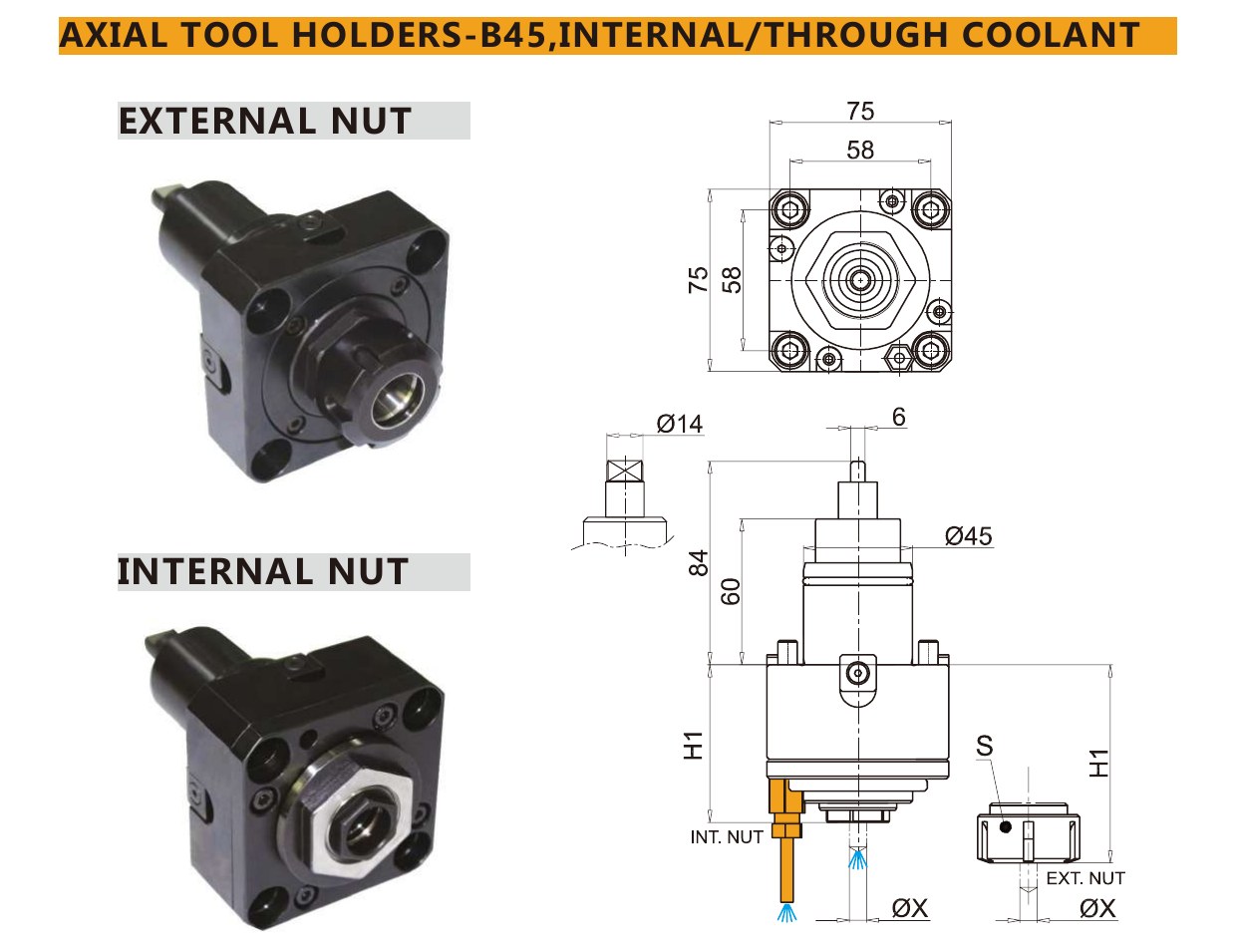 Mongtec M9407 axial tool holders-b45,internal/through coolant — product photo and dimensioned drawing