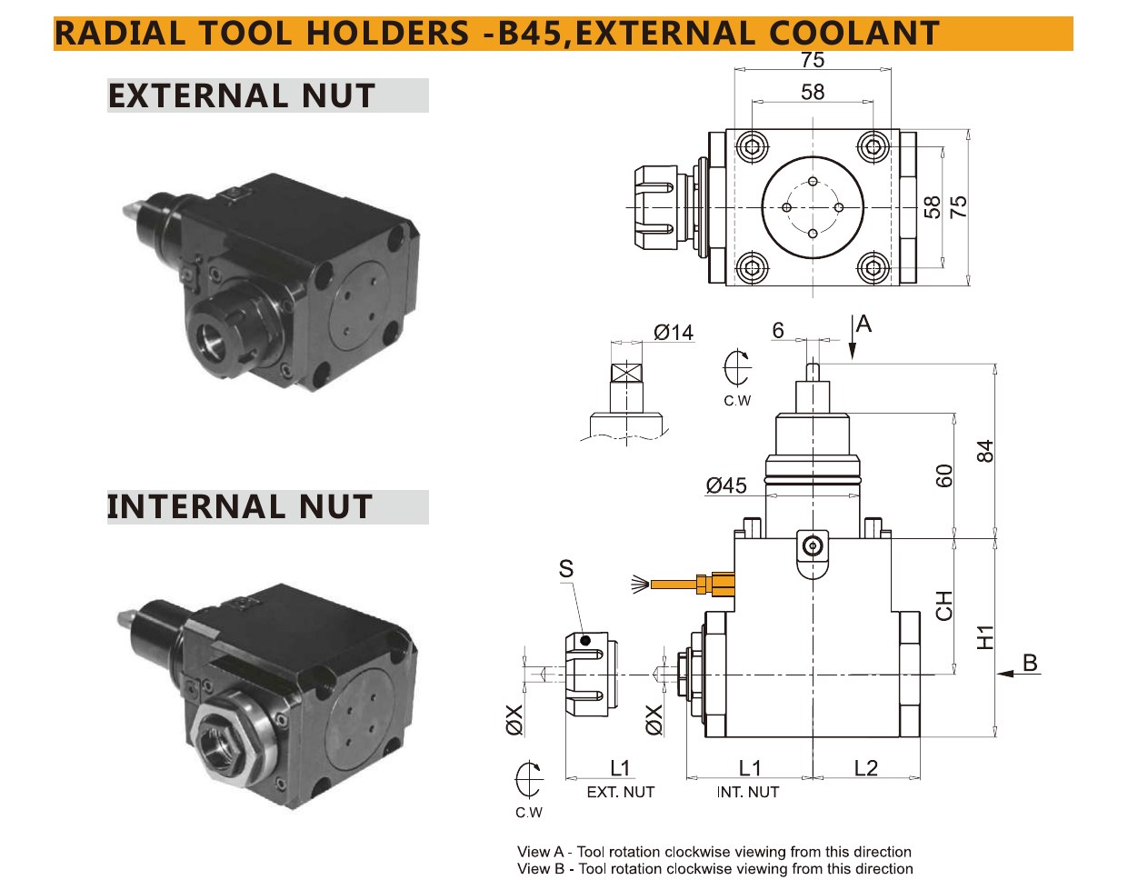 Mongtec M2007 radial tool holders -b45,external coolant — product photo and dimensioned drawing
