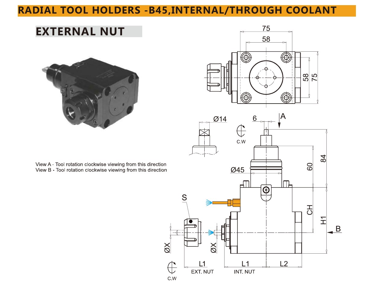 Mongtec M3307 radial tool holders -b45,internal/through coolant — product photo and dimensioned drawing