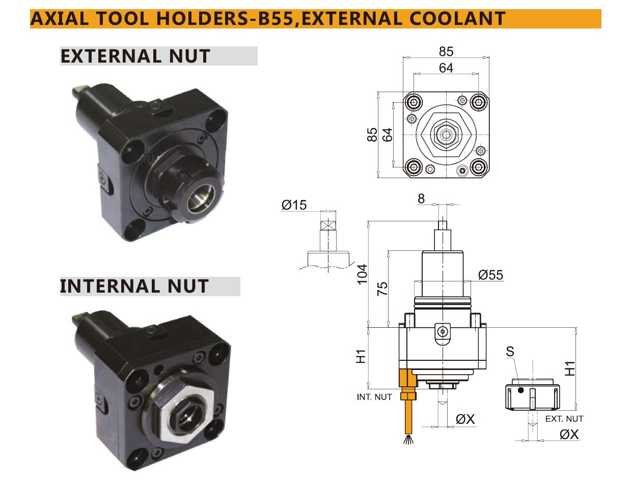 Mongtec M7317 axial tool holders-b55,external coolant — product photo and dimensioned drawing