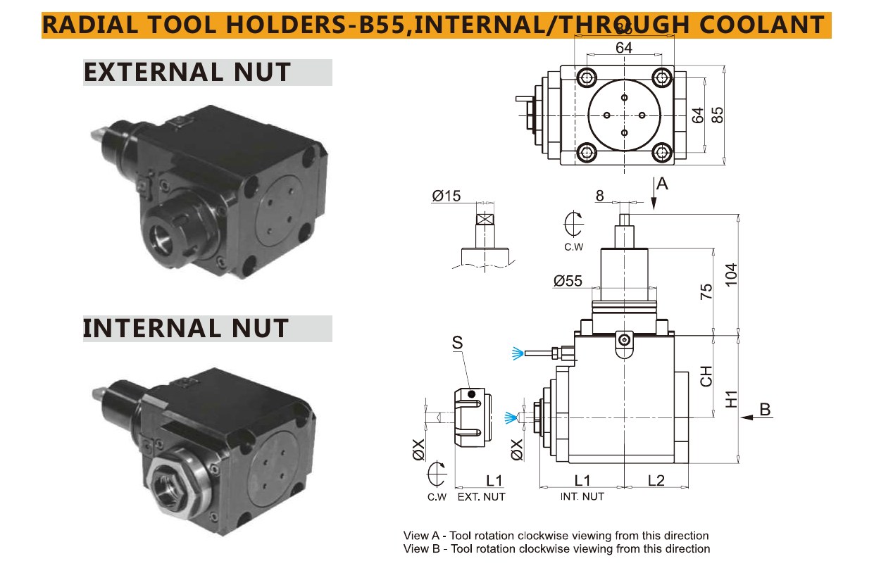 Mongtec M6617 radial tool holders-b55,internal/through coolant — product photo and dimensioned drawing