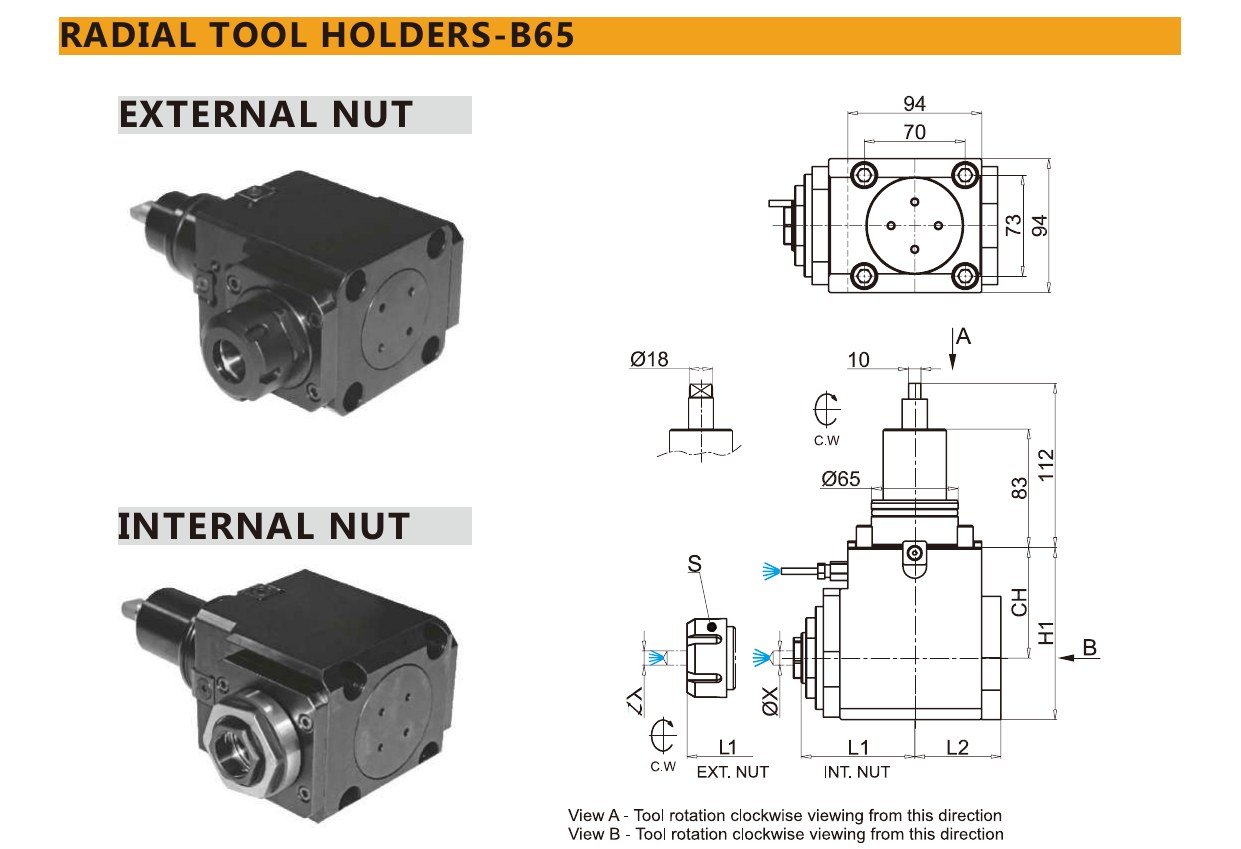 Mongtec M7127 radial tool holders-b65 — product photo and dimensioned drawing
