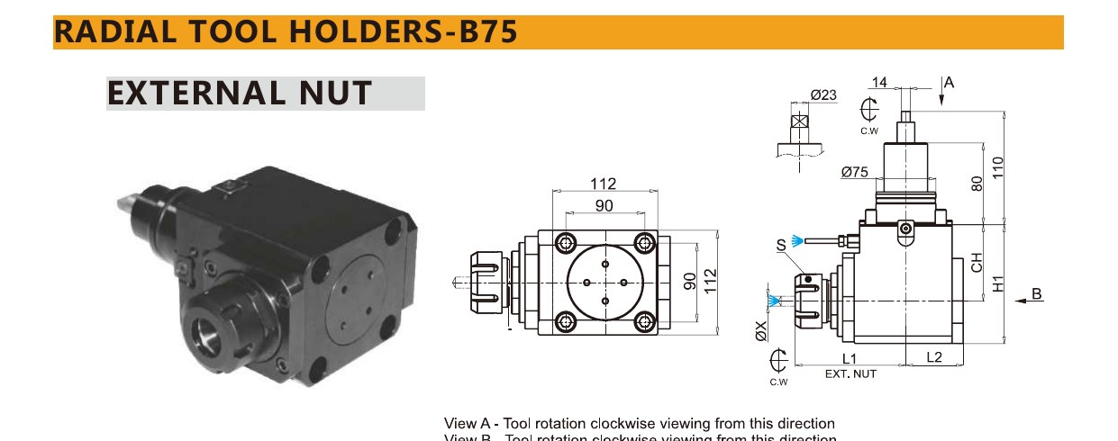 Mongtec M7137 radial tool holders-b75 — product photo and dimensioned drawing