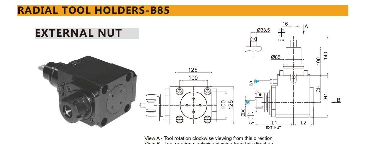 Mongtec M7047 radial tool holders-b85 — product photo and dimensioned drawing