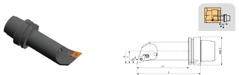 Токарные державки Mongtec HSK-T100 — PDQNR / PDQNL 107.5°/55° — чертёж из каталога Mongtec HSK-T